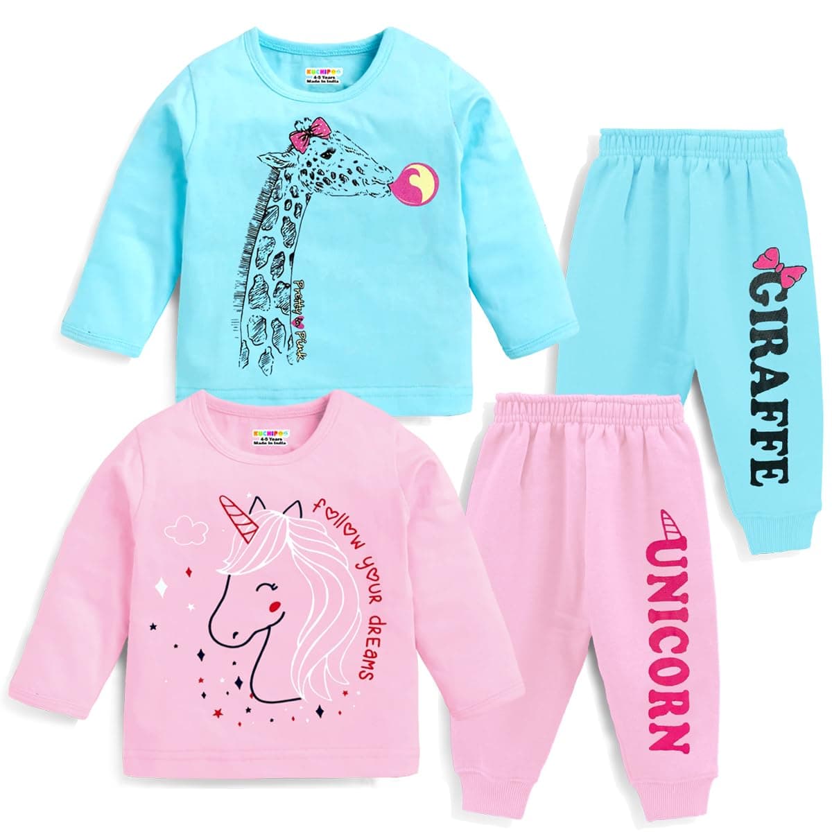 Kuchipoo Baby Girl Regular Fit Cotton T-Shirts and Pyjamas Sets