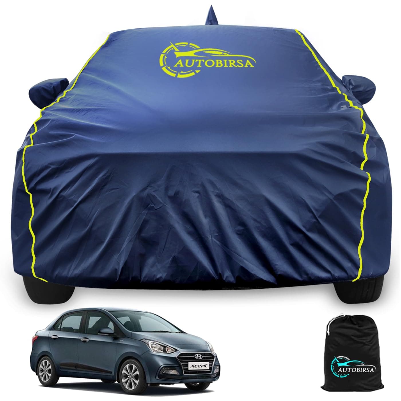 Autobirsa Waterproof Car Body Cover for Hyundai Xcent 100% All Weather Proof with Mirror Packet & Full Bottom Elastic, Triple Stitching with 100% Nail Proof Cover Navy Blue