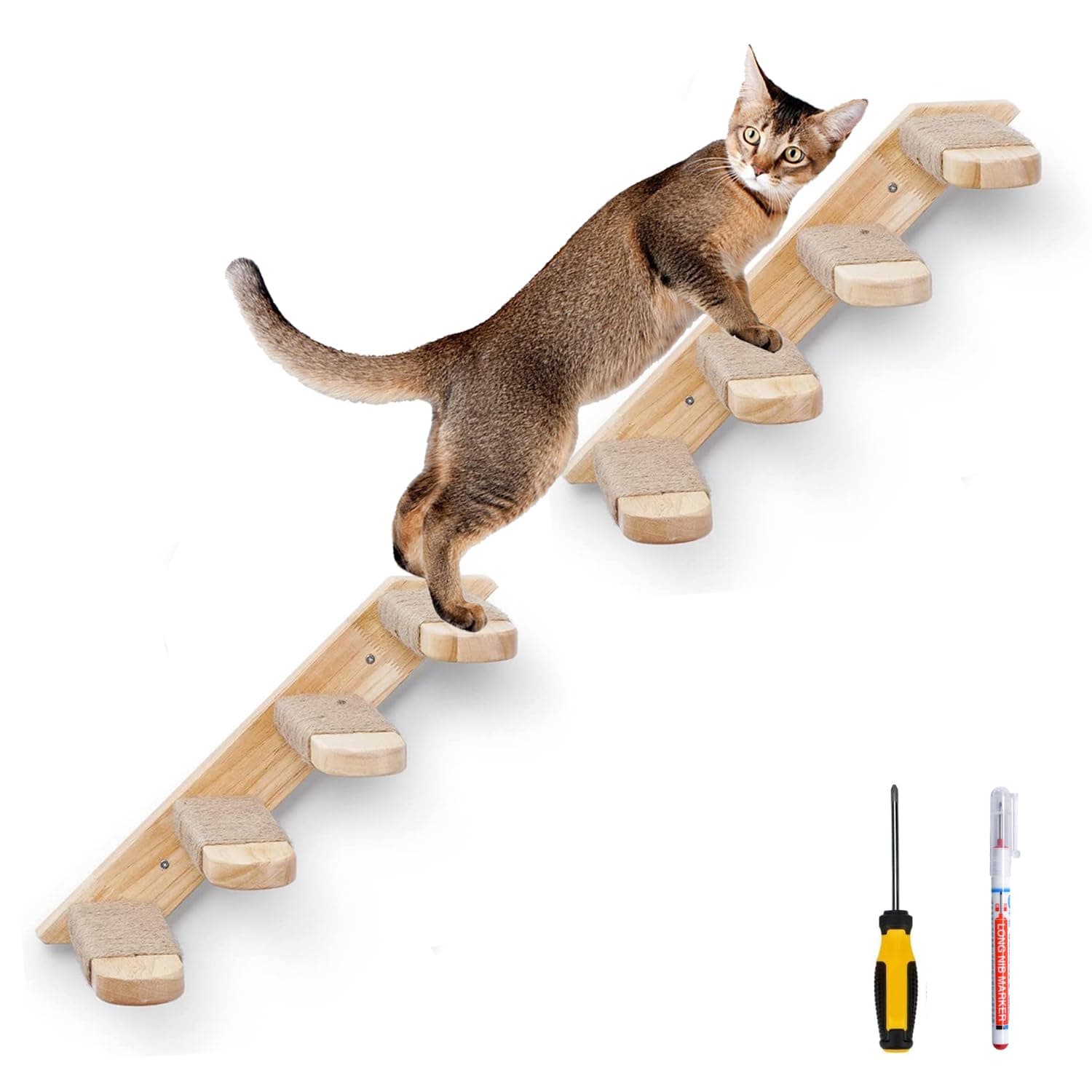WGYAML 2 Packs Cat Wall Mounted Cat Furniture,Four Step Wood Cat Wall Steps Stairs, for Small Kitty Cat Climbing Playing,with Jute Rope Anti-Slip Design (Cat Four-Step Ladder)…