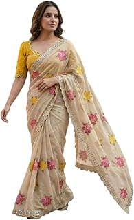 Yashika Women's Nylon Organza Saree with Blouse Piece for Traditional Ethnic Wear Sari