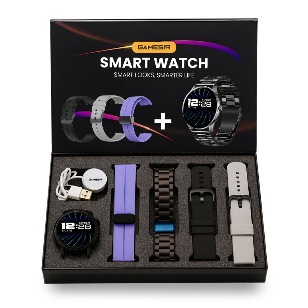 GameSir H20 Black Dial Smart Watch Combo 1.49" AMOLED Display with 4 Straps, Bluetooth Calling, IP67, Crown Control, 100+ Sports Modes, SPO₂ & Health Tracking, for Men & Women (Black Dial)