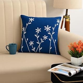 Sofa Cushion Cover Cotton for Living Room Couch Soft Pillow Cover (Royal Blue/White Leaf, 16" x 16")