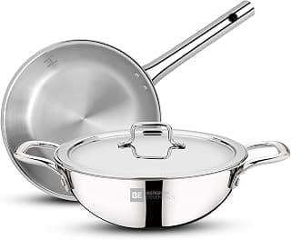 BERGNER TriPro Triply Stainless Steel 3 Pcs Cookware Set - Kadai 22cm (2.5 L) and 22cm (1 L) Frypan with a Common Stainless Steel Lid, Less Oil Use, Healthy Cooking - Induction Bottom