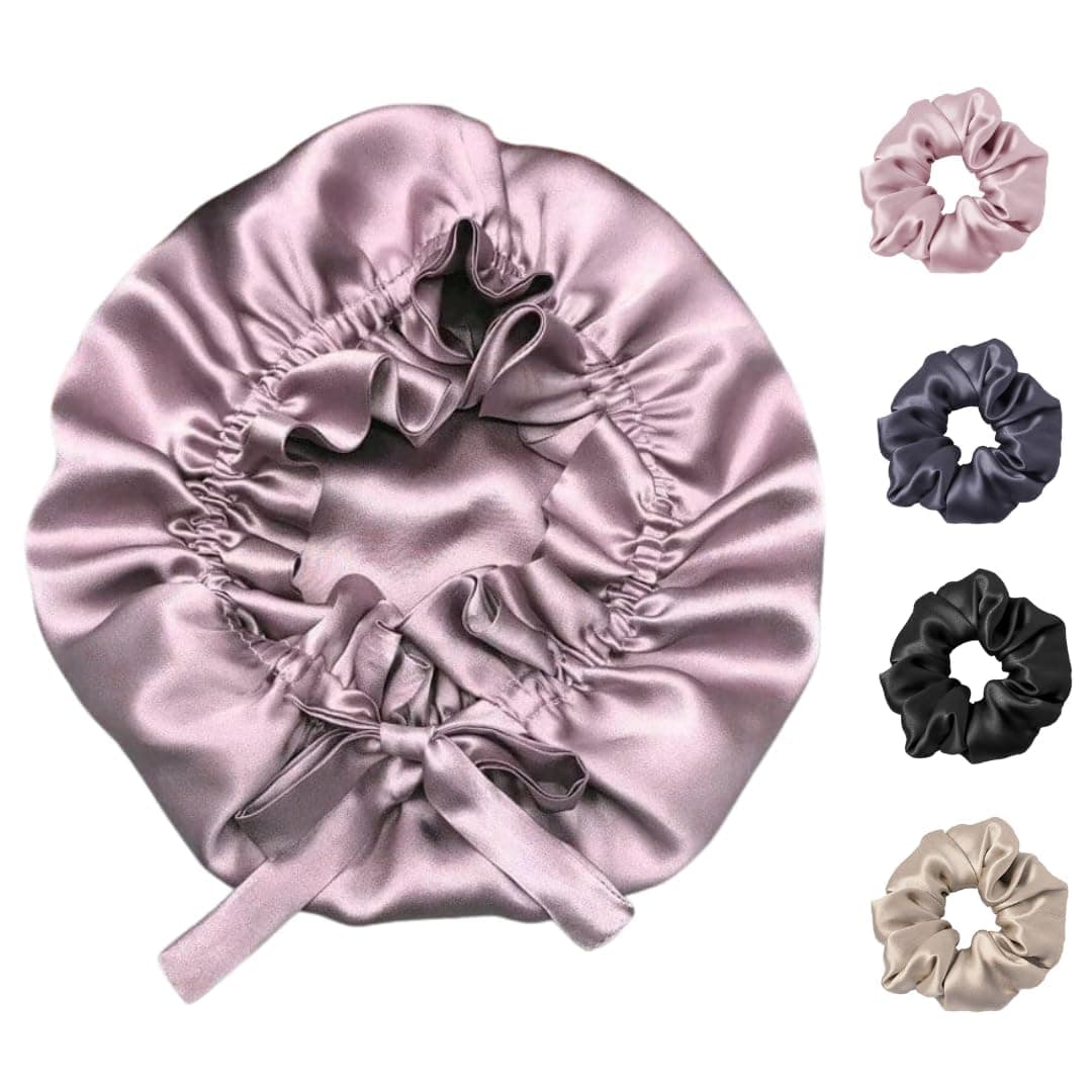 Satin Silk Bonnet for Hair with 4 Premium Scrunchies, Hair Bonnet, Adjustable Silk Hair Cap for Sleeping, Satin Bonnet for Curly Hair with Drawstring (Rose Taupe)