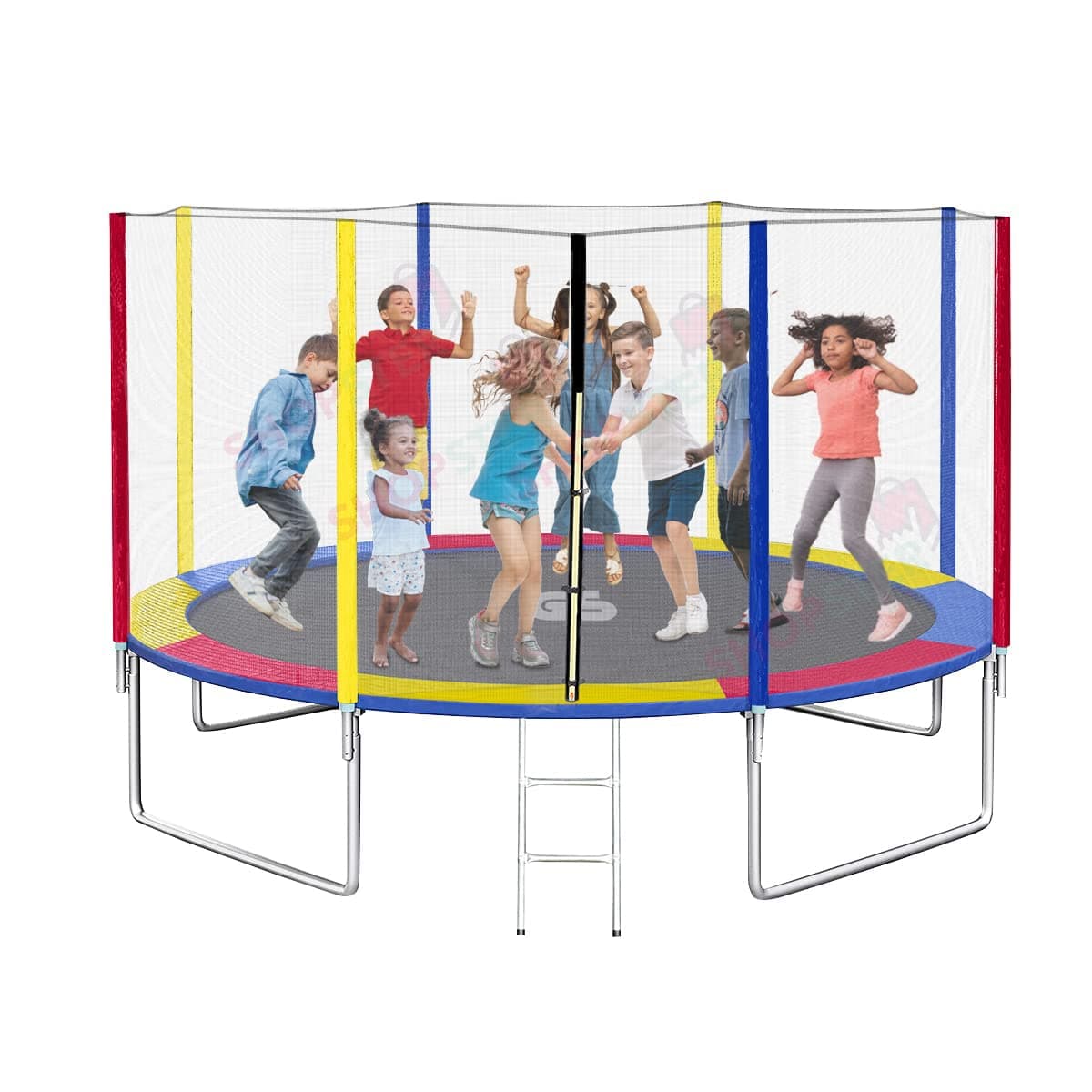 Shopster Fitness GS 12 Feet Bouncy Jumping Trampoline with Safety Net (Supports Upto 250 Kgs), Poles and Mat with Ladder, Sturdy for Kids & Adults, Indoor & Outdoor, Heavy Duty (Dia - 12 ft), Rainbow