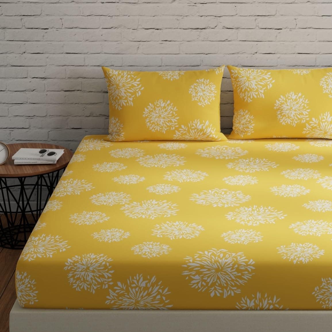 Huesland by Ahmedabad Cotton 144 TC Cotton Elastic Fitted Bedsheets King Size with 2 Pillow Covers | 72 x 78 inches | Yellow