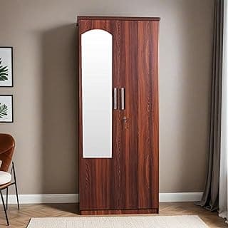 CASPIAN Engineered Wood 2 Door Wardrobe (Brown) | Pre Assembled Furniture with Mirror | Streak Textured Cupboard/Almirah for Bedroom Clothes Storage Organizer with 5 Shelves & 2 Drawers