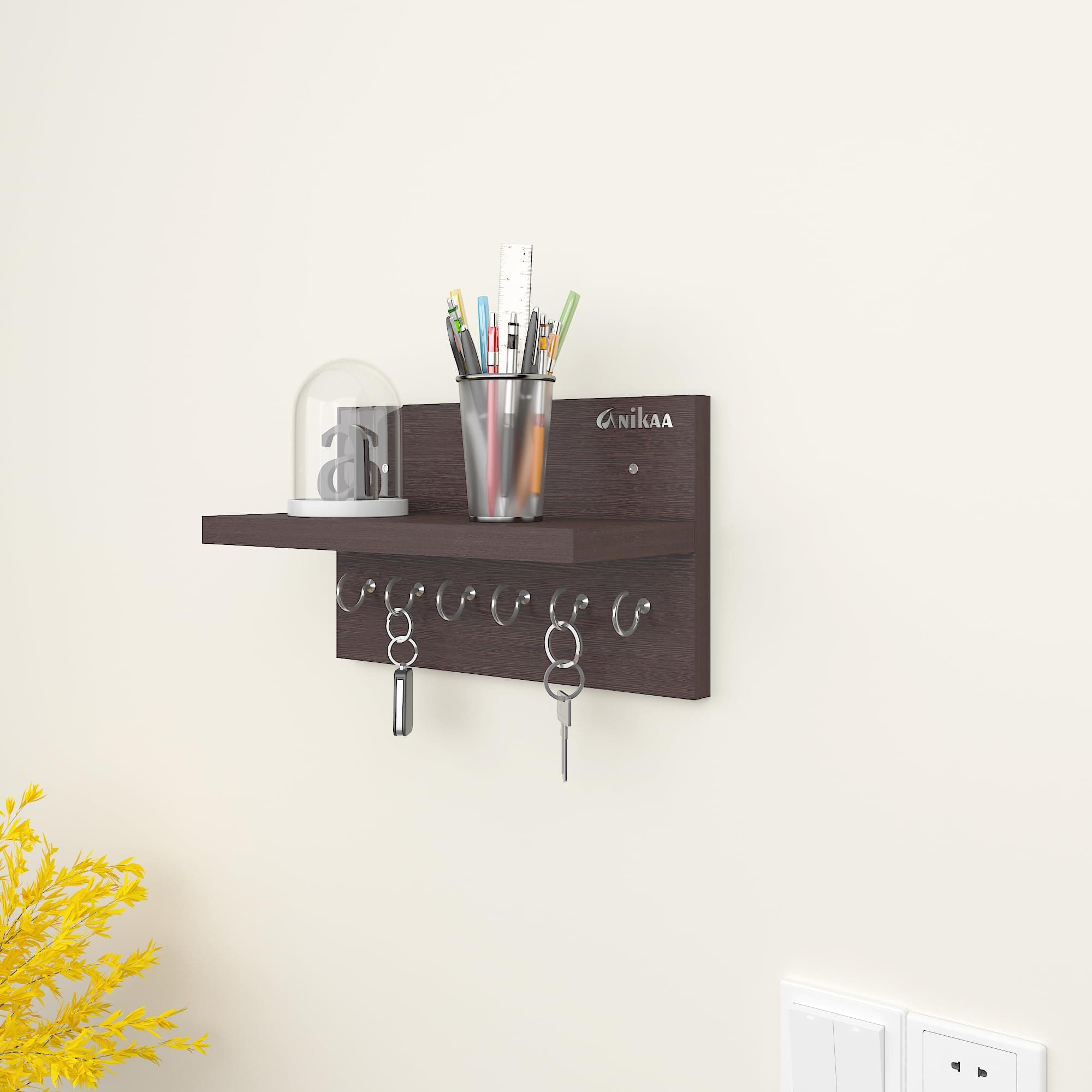 Anikaa Volt Wooden Wall Mounted Key Holder with Decorative Shelf and 6 Knobs (Wenge)- Pack of 2