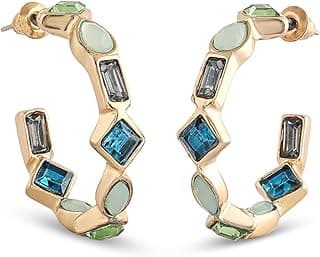 ZAVERI PEARLS Green Blue Dazzling Stones Embellished Contemporary Semi Hoop Studs Earrings For Women-ZPFK17215