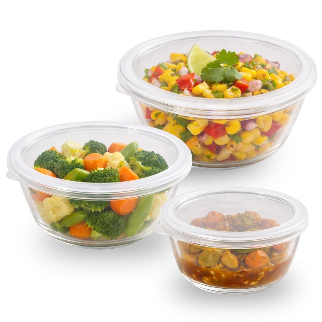 Nestasia Borosilicate Glass Mixing Bowls with Lids Set of 3 (500ml, 1000ml, 1600ml), Microwave & Oven Safe, Dishwasher & Freezer Safe Glass Serving & Storage Bowls for Kitchen