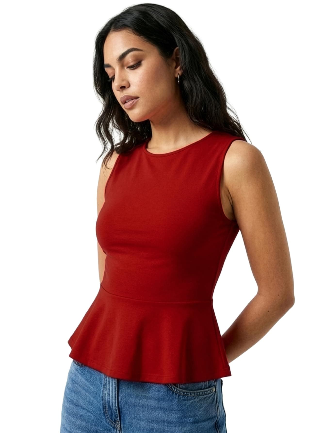 Aahwan Black Solid Cotton Comfort Fit Round Neck Sleeveless Short Peplum Top for Women's & Girl's