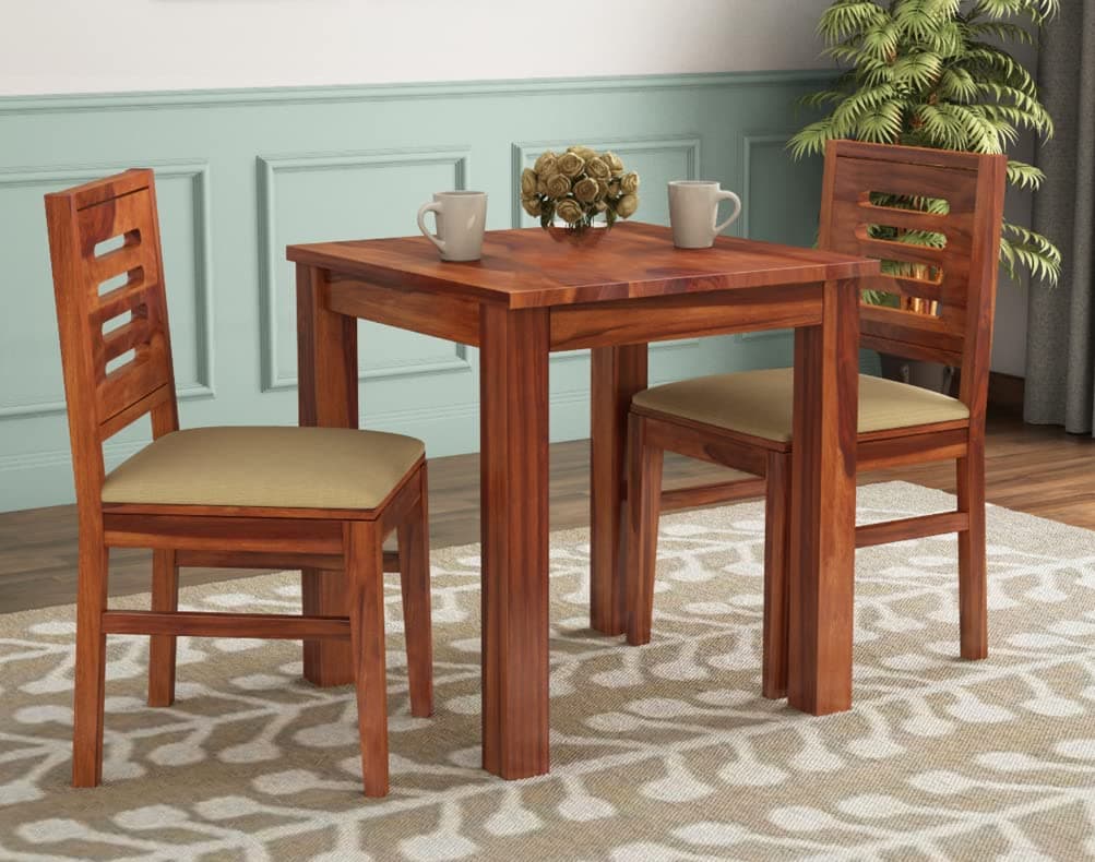 WOODY Furniture™ Wooden Solid Sheesham Wood Dining Table 2 Seater with Cushion | Dining Table Set with 2 Chairs | Home Dining Room Furniture (Honey Teak Finish)