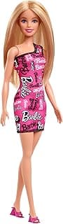 Barbie Fashion Doll with Straight Blonde Hair Wearing Removable Pink One-Shoulder Dress & Shoes with Logo Print
