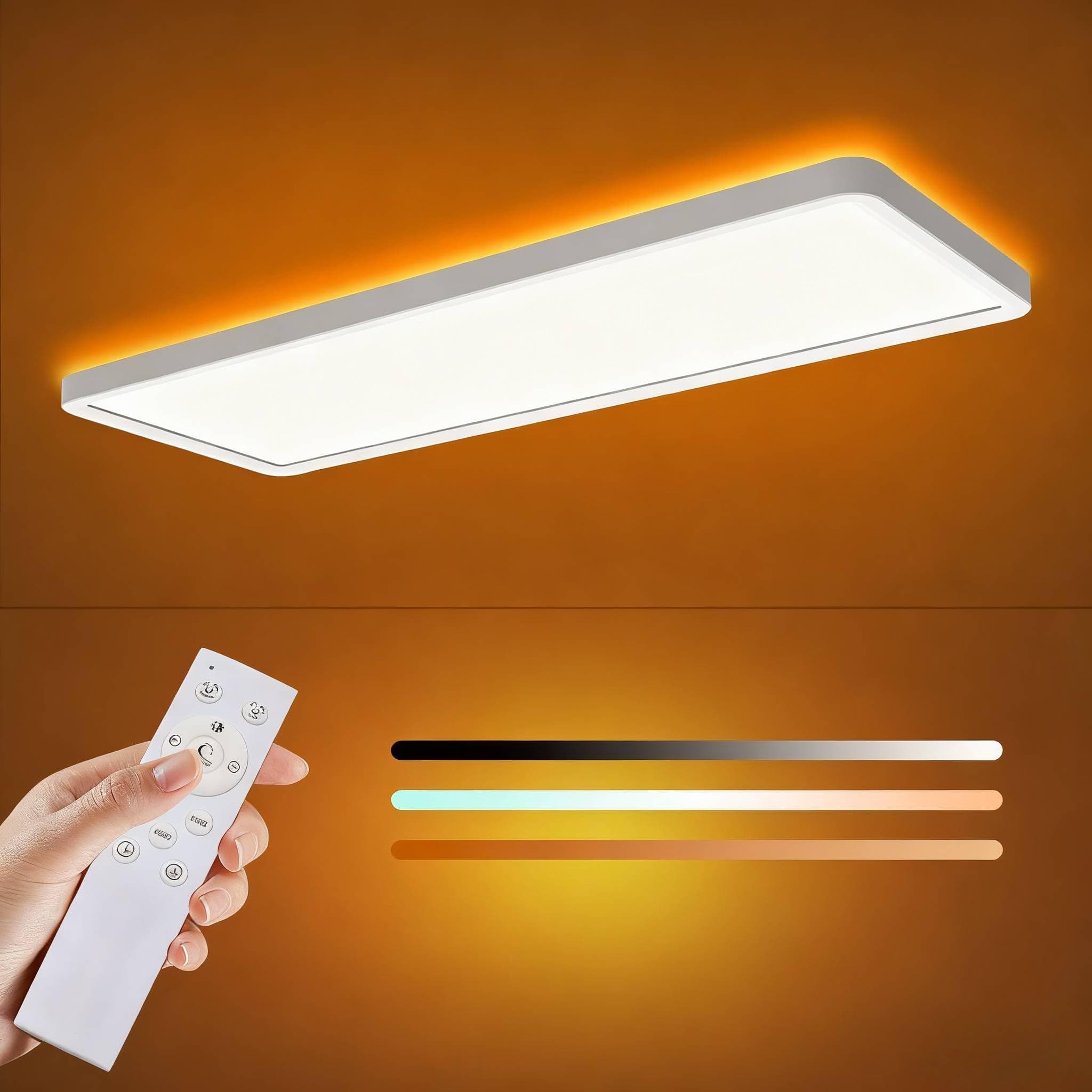 ELEPHANTBOAT® 48W LED Ceiling Light with Remote,3000K-6500K Dimmable Flush Mounted Ceiling Light with Back Amber Light Design,58x22cm, Slim Square Ceiling Lamp for Bathroom, Living Room,Hallway