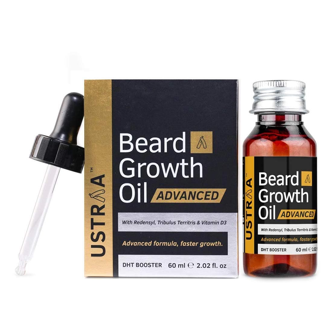 Ustraa Beard Growth Oil Advanced - 60ml - Lab Tested, For Patchy Growth, With Redensyl and DHT Booster, No Sulphates, Parabens, Silicone, or Mineral Oil.