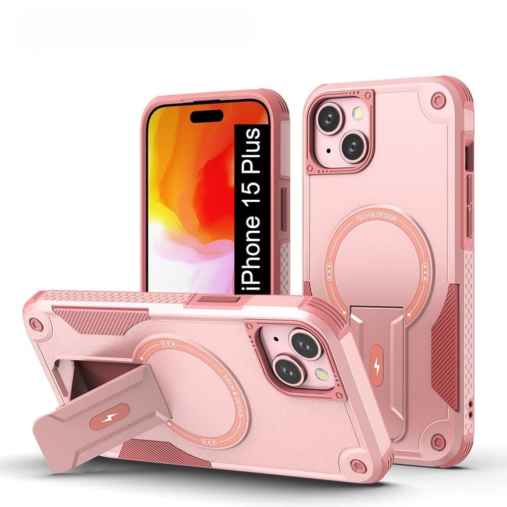 US LITE Back Cover for iPhone 15 Plus with Portable Kickstand | Mag-Safe Compatible Magnetic Case | Shockproof Military Grade Protection | Extreme Protection Phone Cover – Pink