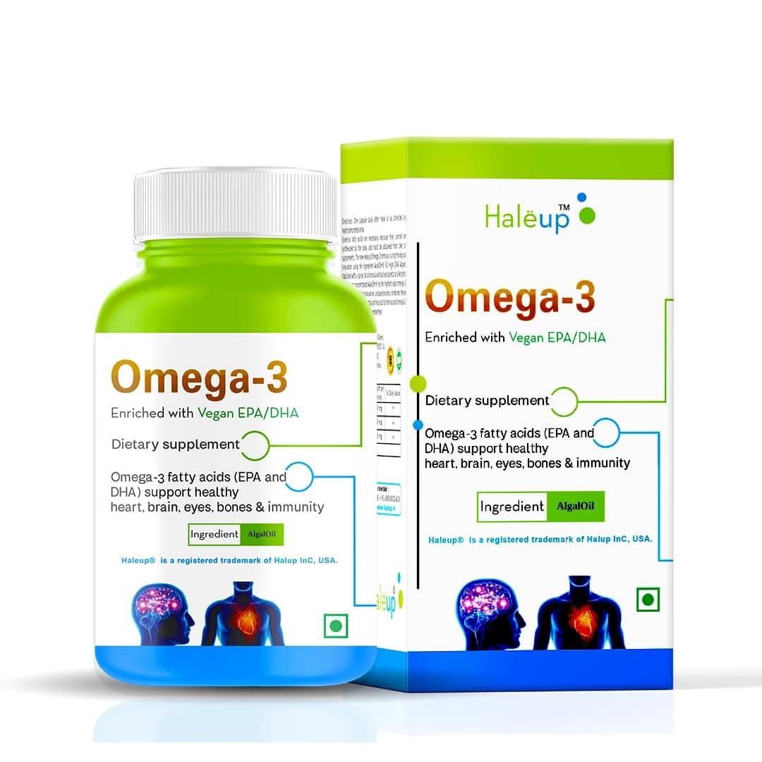 HALEUP Vegan Omega 3, 500 mg || Enriched With Epa/Dha || Healthy Heart || Brain || Immunity Booster (Pack Of 2), 60 Capsule