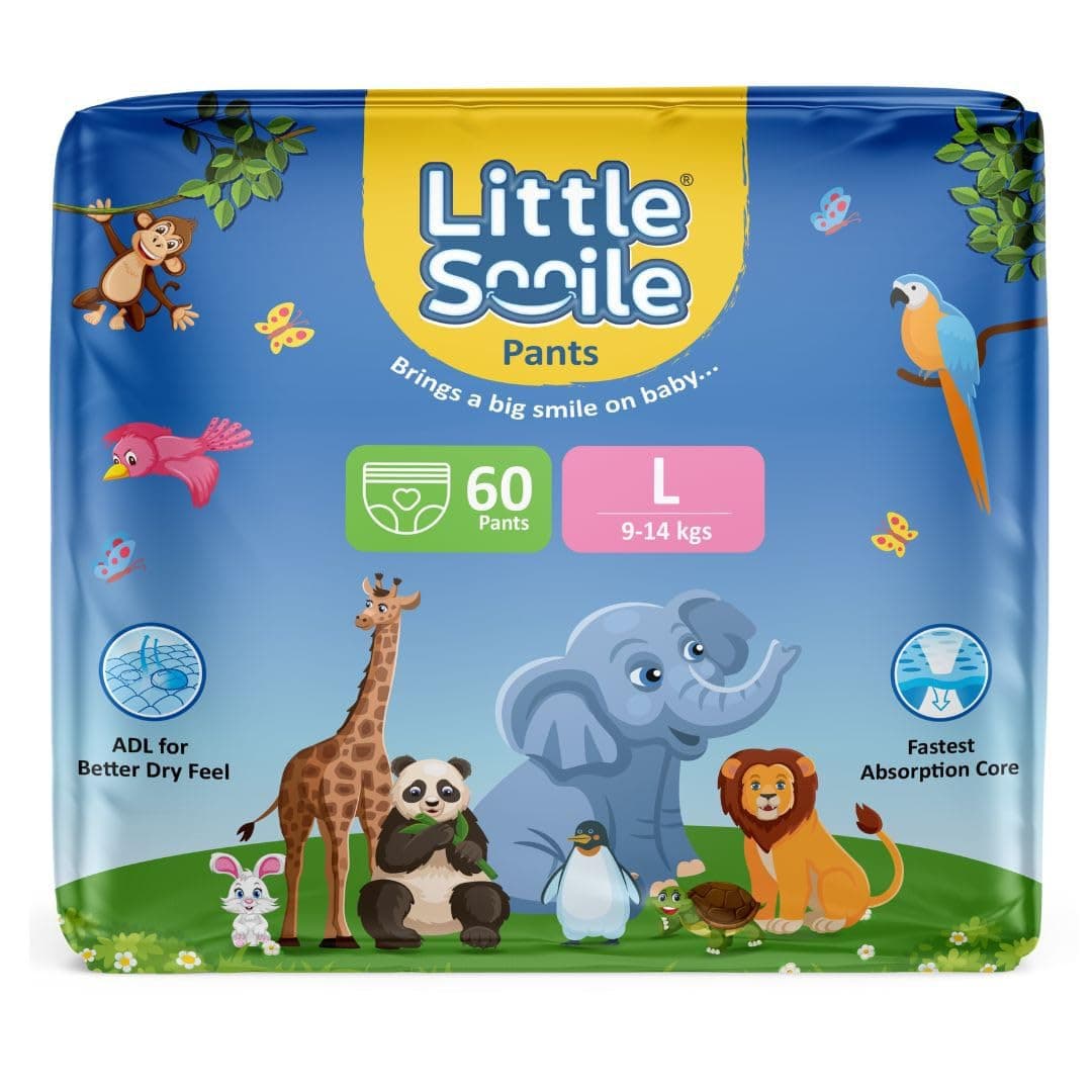 Little Smile Baby Diapers Pant Style | Size - L - 60 (Pack of 1) | Odorless and Antibacterial Layer with Urine Indicator (60 Pieces)
