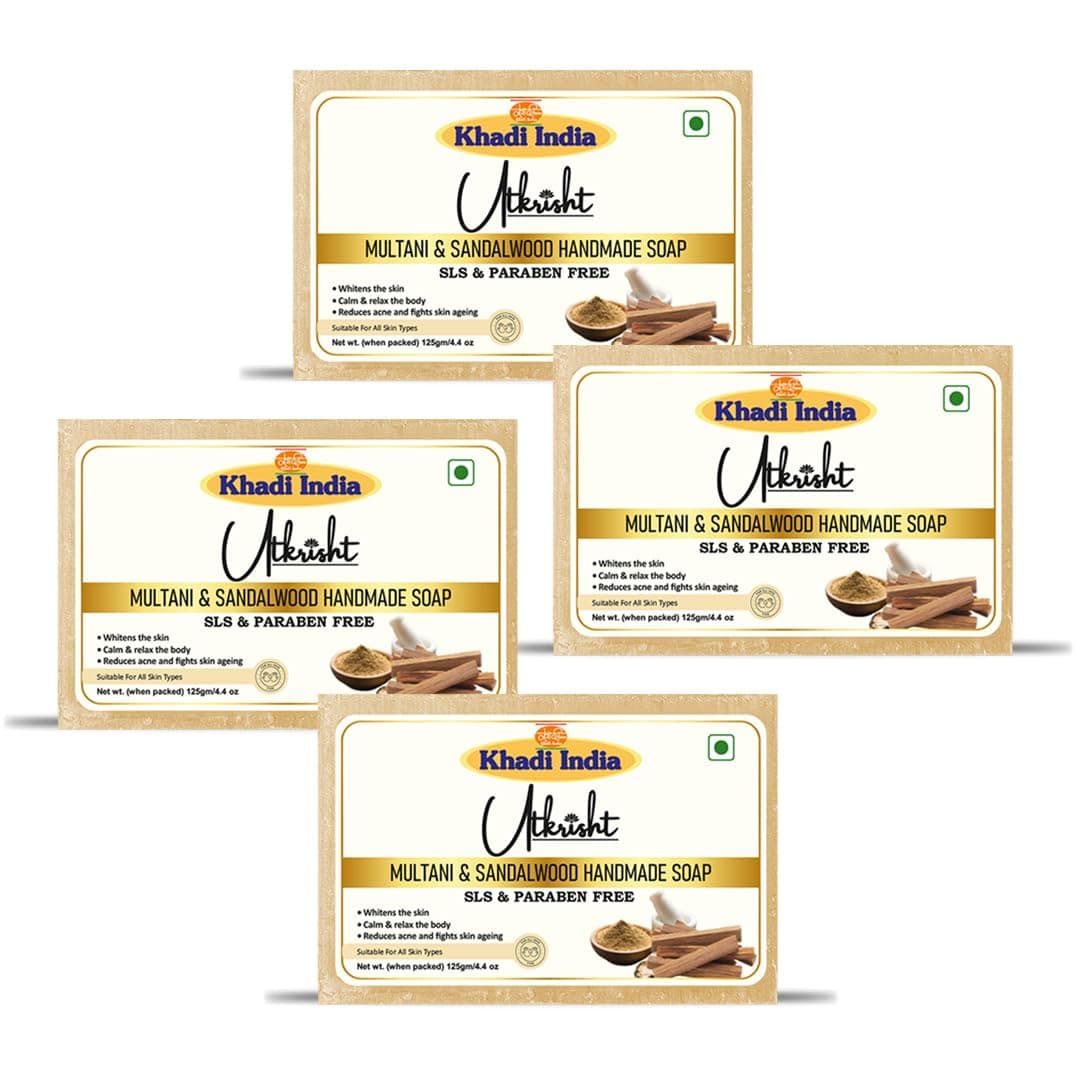 Utkrisht Khadi Multani Mitti & Sandalwood Handmade Bathing Soap Bar 125g (Pack of 4) | Natural & Herbal | Hydrating, Glowing & Brightening | For Skin Pores & Wrinlees | All Skin Types | For Men & Women