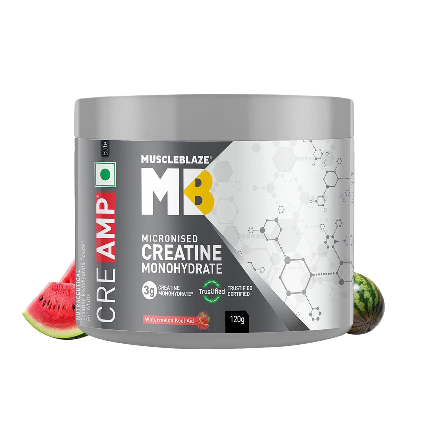 MuscleBlaze Micronised Creatine Monohydrate CreAMP Powder, 120g | Watermelon Kool Aid, 30 Servings | Trustified Certified Creatine | Built for Athletes - Dope Free | DCD / DHT Free