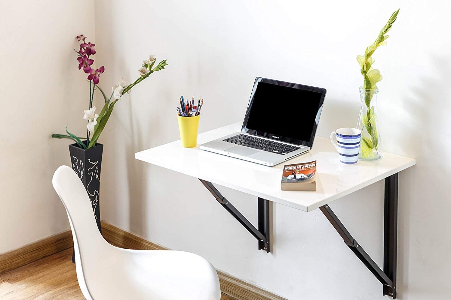 INVISIBLE BED Folding Engineerd Wood Wall Mounted Study/Computer/Laptop/Office Table with Free Wallshelf (Laminated Finish,Glossy White - 67.5cm x 56cm)
