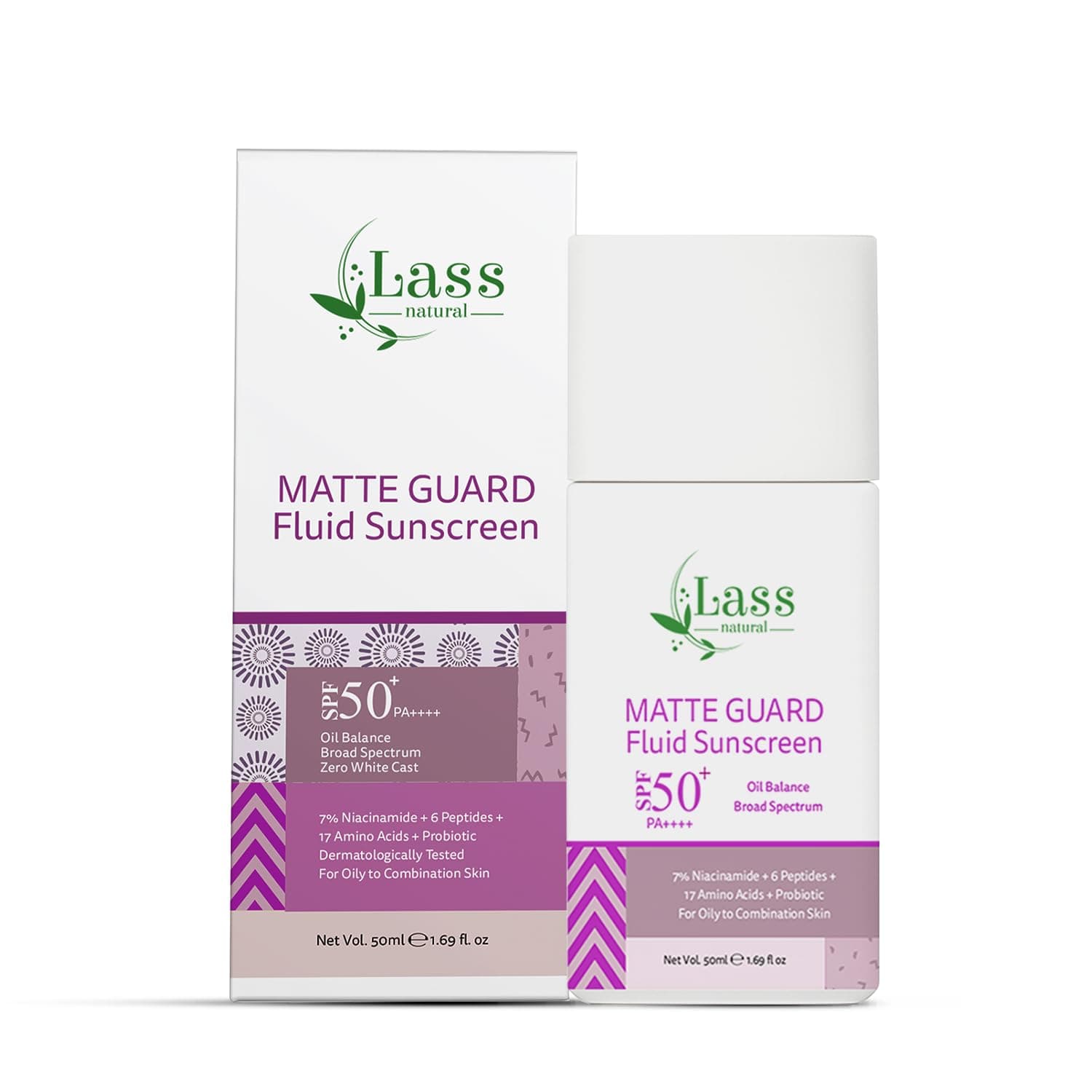Lass Natural 7% Niacinamide Oil Balance Matte Fluid Sunscreen SPF 50+ PA++++ Clinically Tested | SPF Protection | Lightweight, Matte & No White Cast | Sunscreen SPF 50 For Oily Skin, Sensitive, Dry & Combination Skin | For Women & Men - 50 ml