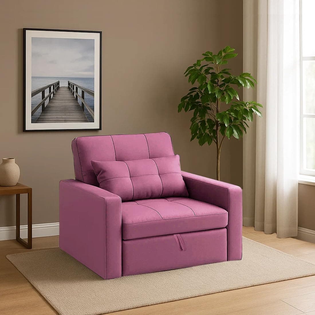 CASASTYLE Trissa 1 Seater Pull-Out Premium Fabric Sofa Cum Bed Sofa Set for Living Room (Pink Fabric)