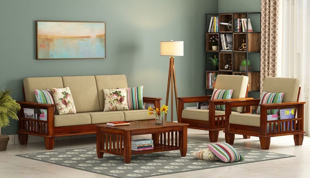 Home furniture Wooden Sofa Set with Center Table for Living Room and Office 5 Seater Natural Teak Finish Handicraft- Handmade