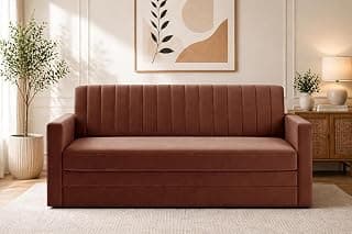 Modern Velvet 3-Seater Sofa Cum Bed with Armrest, Convertible Sleeper Couch Sofa for Living Room, Bedroom & Office-Brown Color