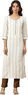 Aurelia Women’s Striped Straight Cotton Blend Kurta | Lightweight Round Neck Kurta for Women Cotton | Yarn Dyed Kurta for Women | Soft & Breathable Regular Fit Kurta for Women