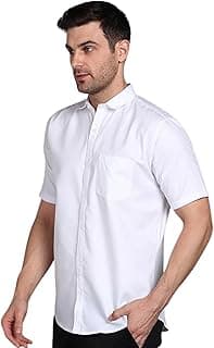 MILDIN Men's Cotton Blend Solid Shirt with Spread Collared Half Sleeve Curved Hemline Button Closure Regular Fit and One Pocket | Half Sleeve Shirt for Men