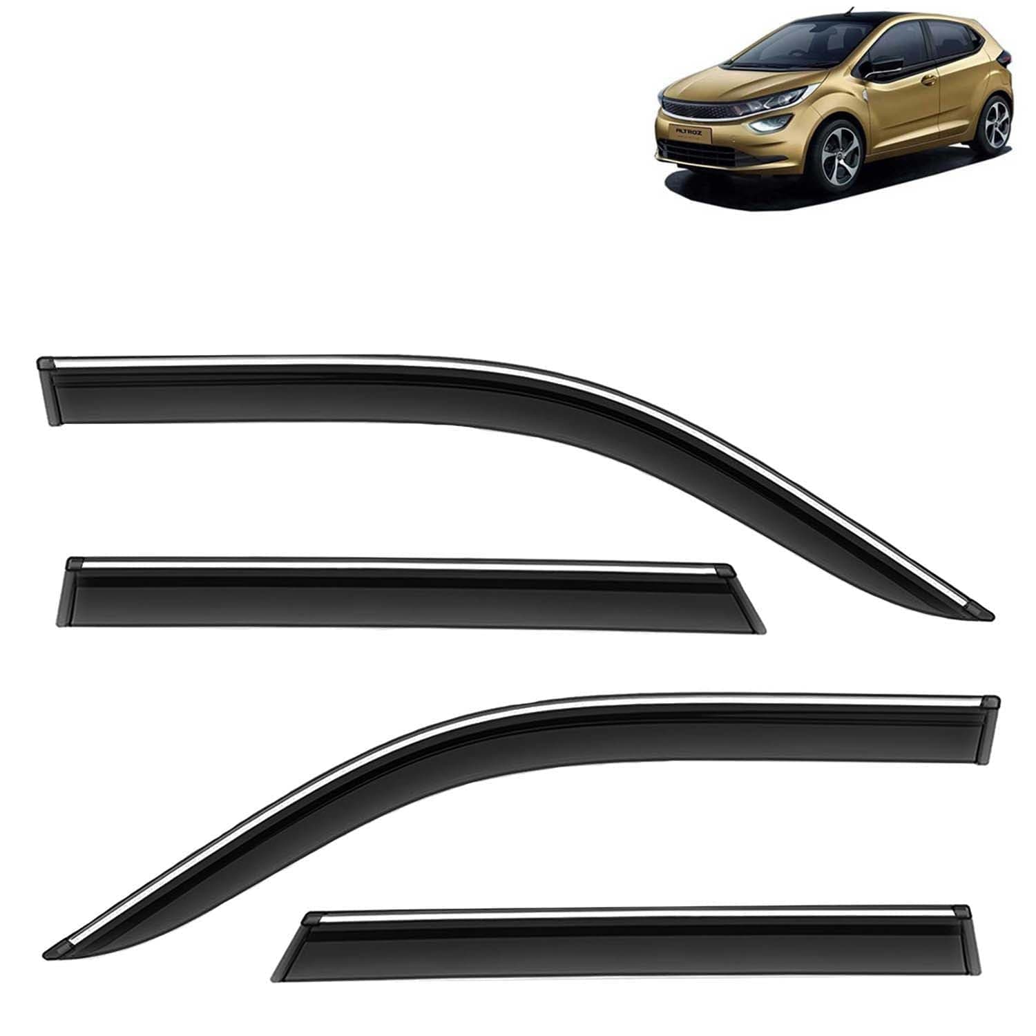 KINGSWAY Accessories Chrome Lining Door Visor Only Compatible with Tata Altroz (Year 2020 Onwards) All Model, Premium Chromeline Unbreakable Car Rain Guard Side Rear Wind Deflectors, Set of 4 Pcs