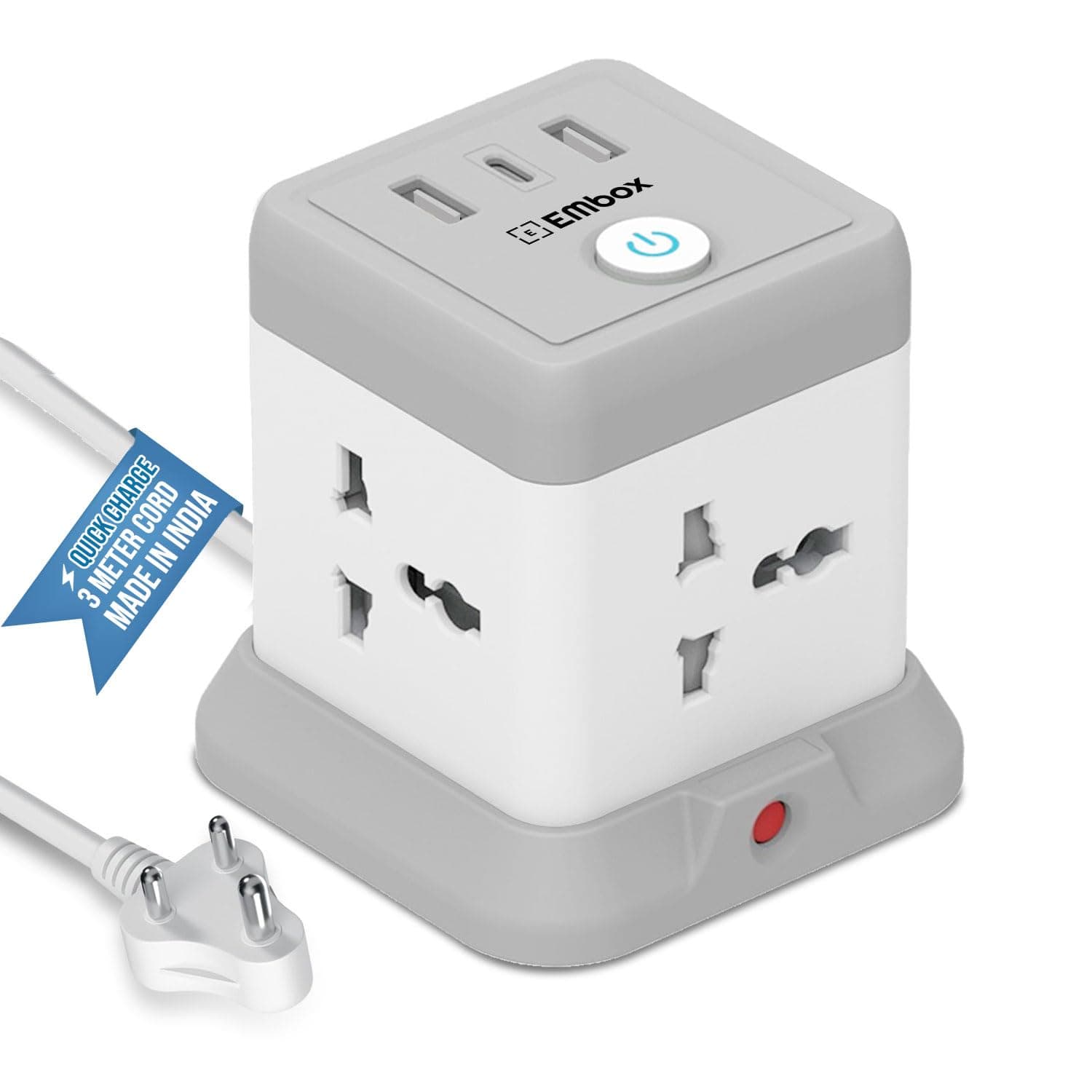 EMBOX Cube Extension Board with USB Port Universal Sockets and USB (2.4 A) (QC 3.0) Extension Board with Switches Overload Protector, Indicator, 3 mtr Extension Cord