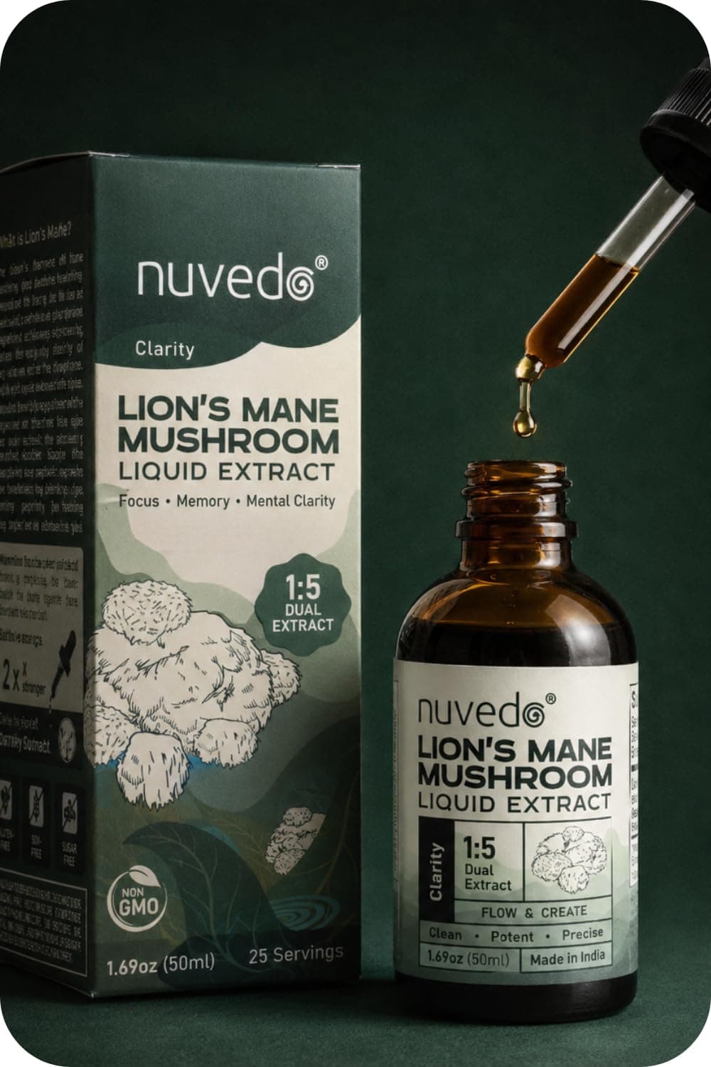 Nuvedo Lions Mane Mushroom Liquid Extract | 50 mL | 1:5 Dual Extract | Alcohol Free, 100% Fruiting Body Extract | Herbal Supplement | For Focus, Memory & Cognitive Support | As seen on Shark Tank