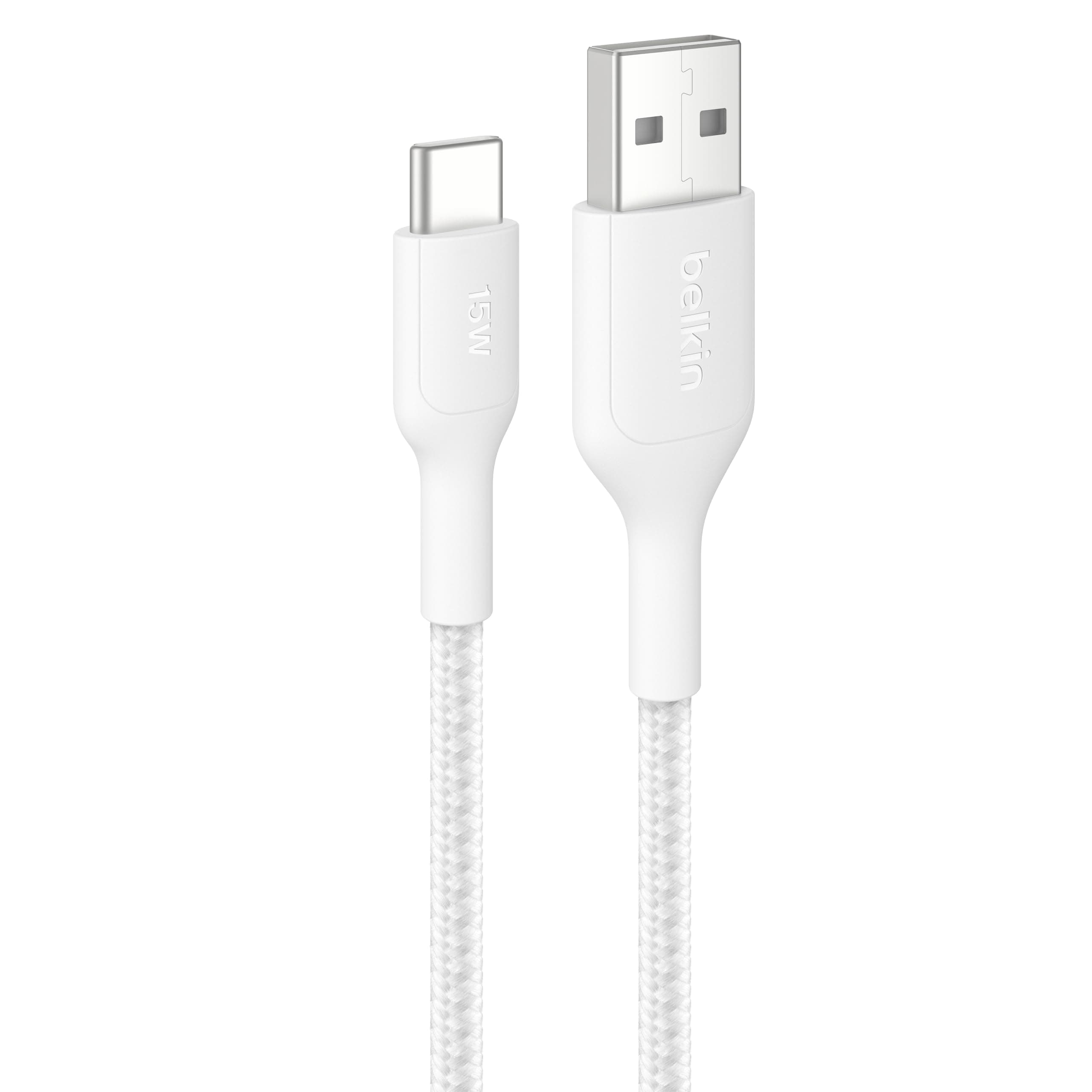 Belkin USB-C to USB-A Cable 1M, 15W, Braided, Fast Charging, White | Soft, flexible braided cord for fast charging phones, tablets and laptops via USB-C to USB-A