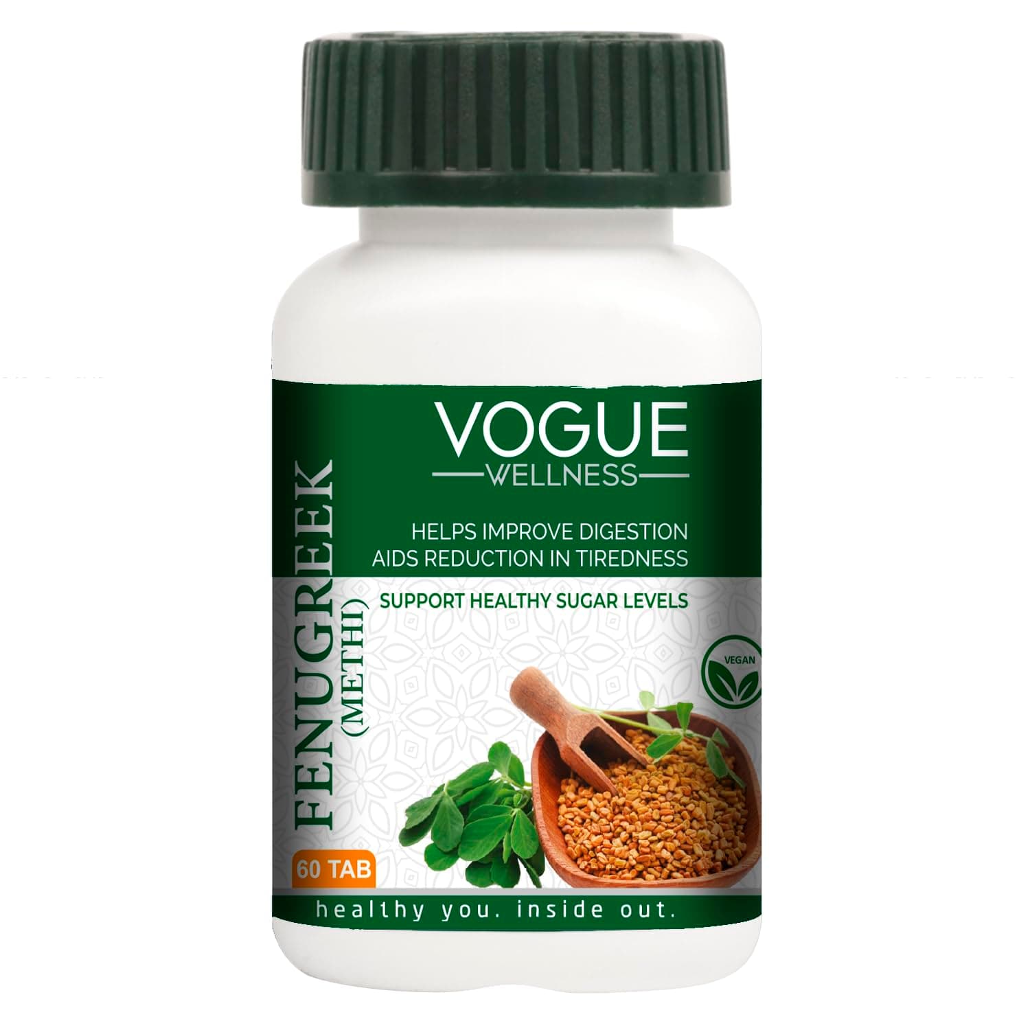 Vogue Wellness Fenugreek Tablets (Methi) | Natural Herbal Supplement for Digestive Health & Wellness | Supports Healthy Blood Sugar Levels & Hormonal Balance | 60 Tablets