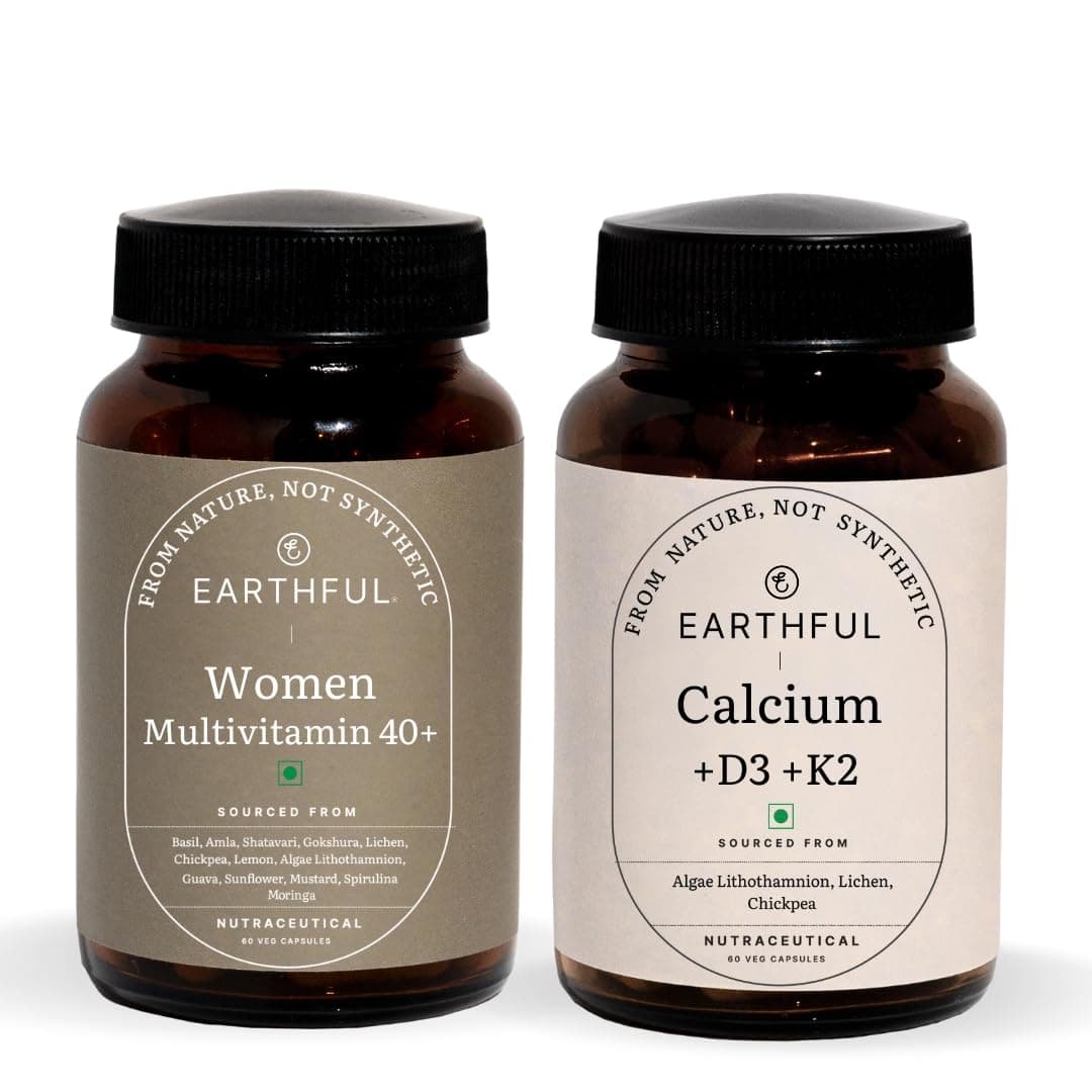 Earthful Menopause Care Combo | Multivitamin Women 40+ & Calcium+D3+K2 | Bone Health, Hormonal Balance | 100% Natural with 12 Vital Vitamins, Herbs | 60 Capsules