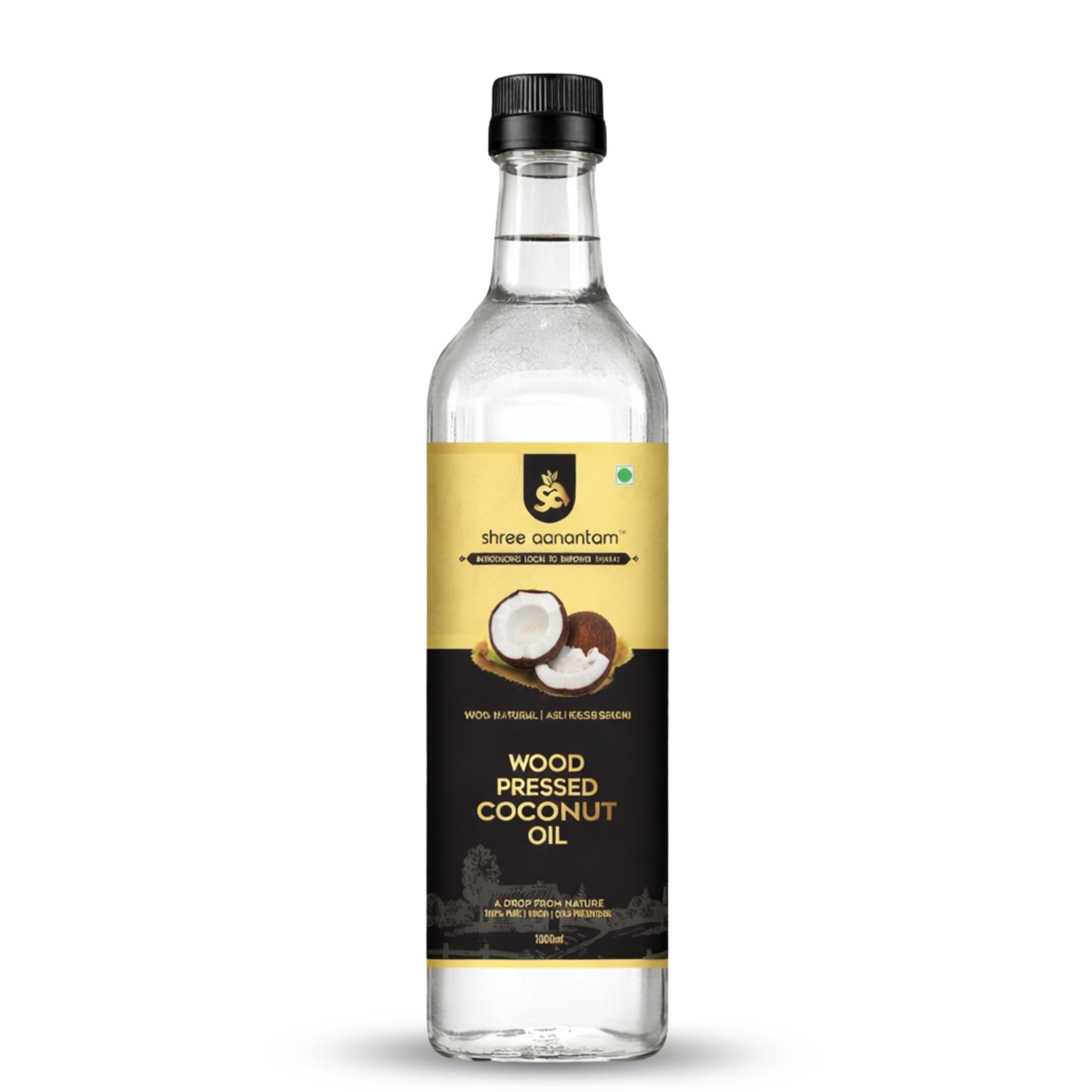 Shree Aanantam Cold Pressed Coconut Oil – 1 Liter | Glass Bottle Pure & Natural, Unrefined, Extra Virgin | For Hair, Skin, Cooking & Oil Pulling | Wood Pressed Coconut Oil | Non-GMO (Pack of 1)