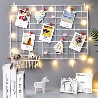 Steel Grid Photo Frame for Wall with 10 Wooden Deginer Clips | DIY Metal Mesh Wire Grid for Photo Display, Wall Decor, Memo Organizer | Aesthetic Room Decoration for Home, Living Room & Office (White, 65x45cm)