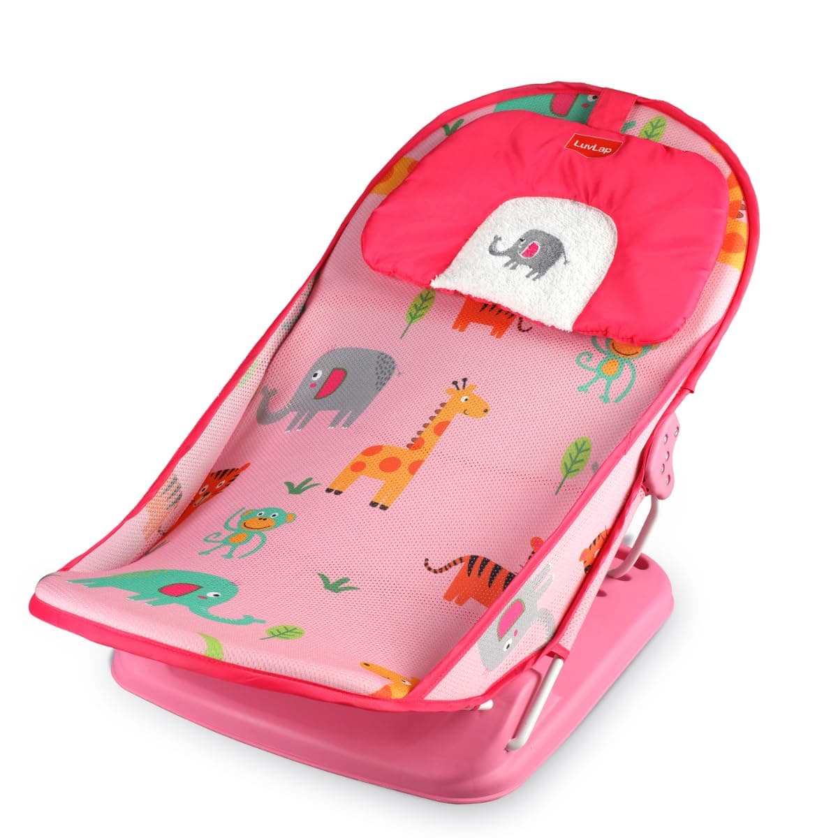LuvLap Jungle Tales Baby Bather for Baby 3-12 Months, Baby Bath Chair, 3 Position Adjustable, Washable Soft Mesh, for Babies Upto 9 Kg, Large Seat (Multicolor)