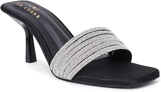 XE Looks Women’s Slip-On Stiletto Heel Sandals with Rhinestone Embellished Strap | Soft Cushioned Insole | Open Toe Stylish Heels for Girls & Women