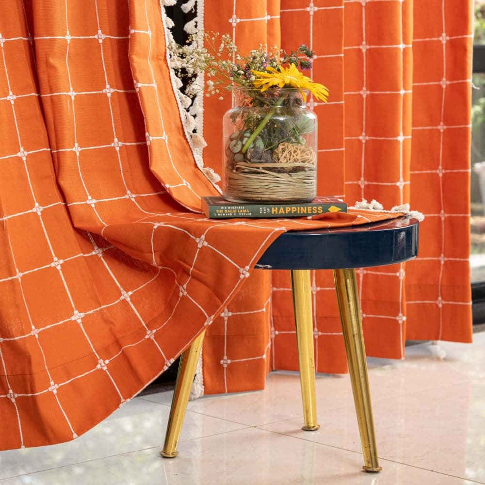 Urban Space Embroidery Curtains for Door, 100% Cotton Curtain 7feet Long, 1 Piece Readymade Curtain with Tassels, Tieback & Eyelets, 60-65% Room Darkening (Burnt Orange, 7 Feet)
