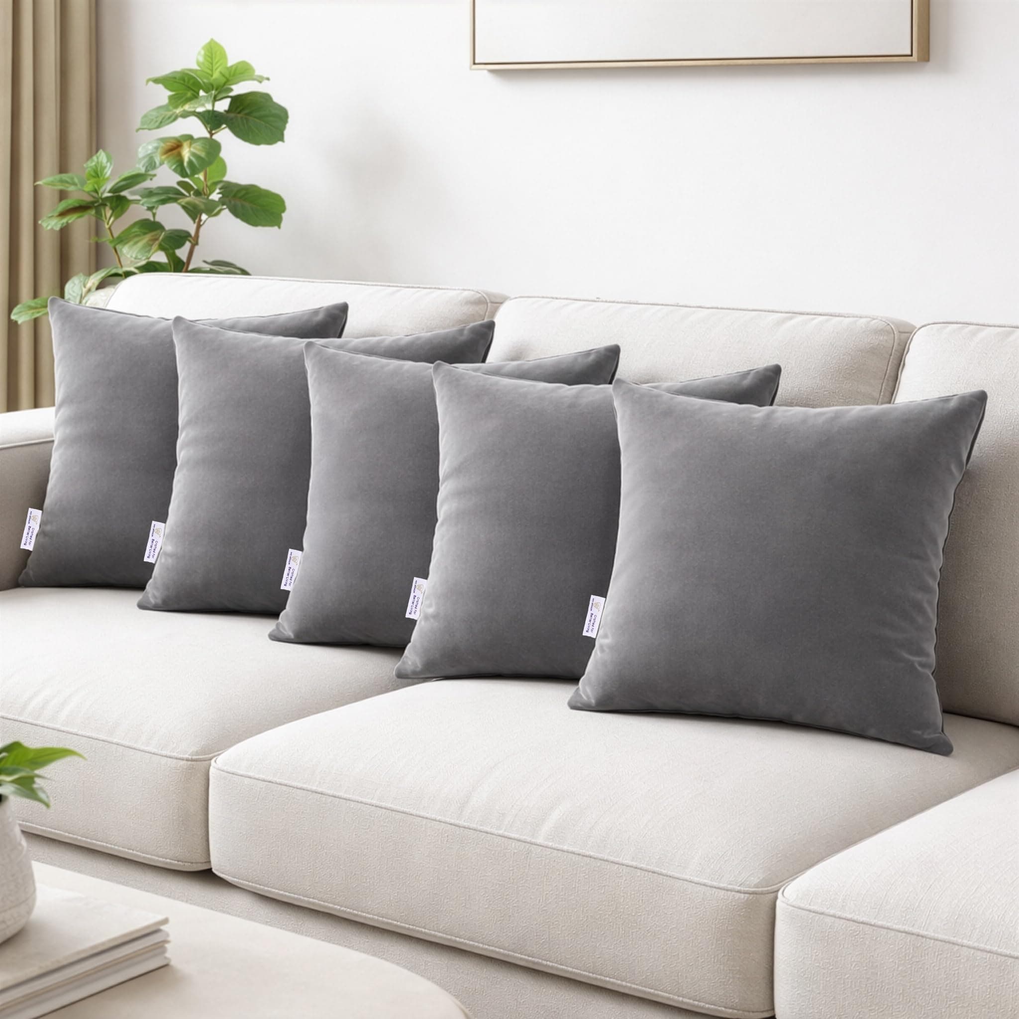 MYARMOR Microfibre Cushion for Sofa | Set of 5 Soft & Fluffy Square Sofa Cushions | Decorative Sofa Pillows for Bed, Chair, Car & Living Room | Velvet Cover | Grey | 16 x 16 Inch