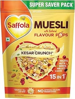 Saffola Muesli Kesar Crunch with Flavour Pops, 700 gm | 15 in 1 Fruit and Nuts, Seeds, Millet & more | Cereals for breakfast rich in wholegrain, protein, fibre