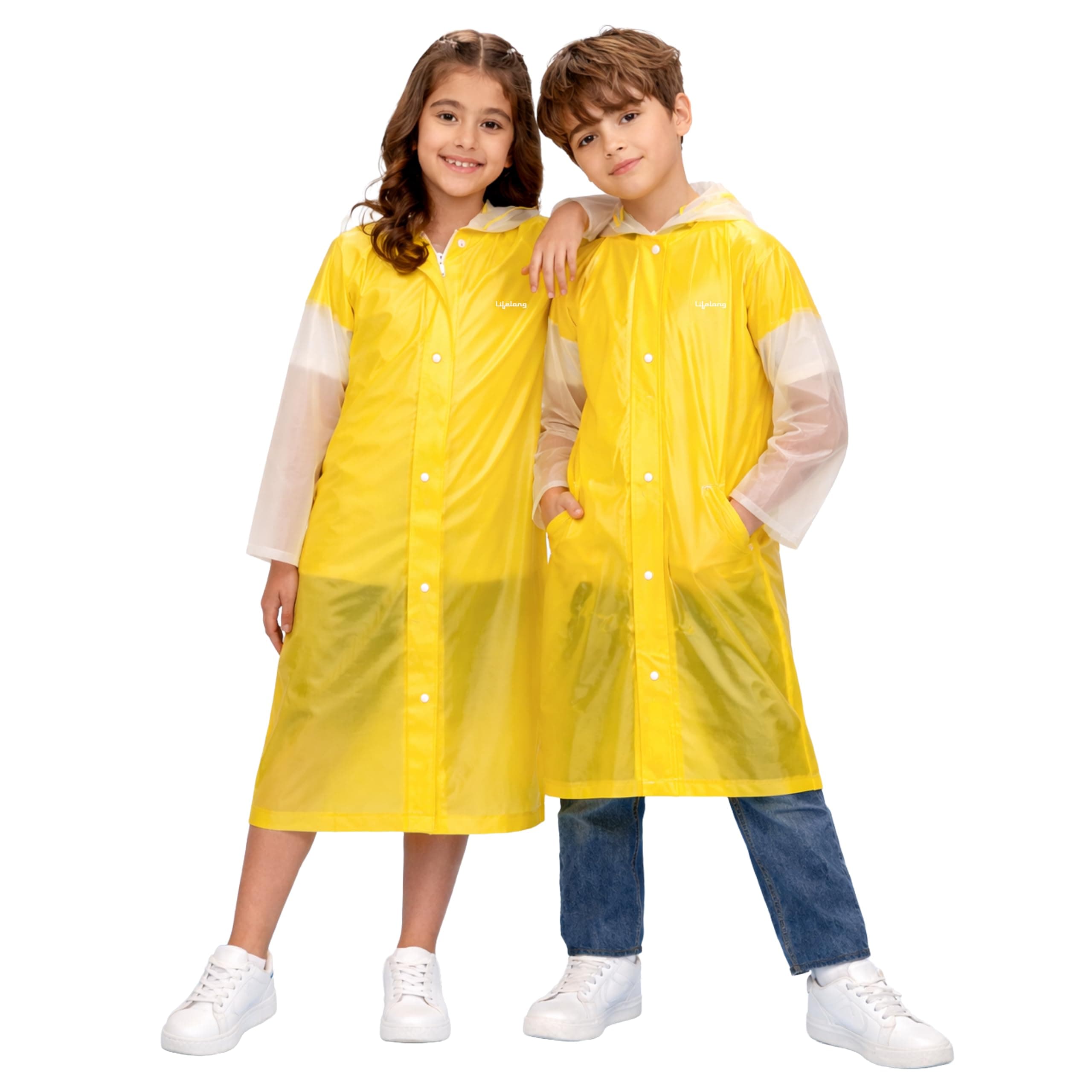 Lifelong Kids Solid Textured PVC Raincoat| School Bag Extension & Side Pocket | Rain Coat| Raincoat for Boys & Girls | Kids Raincoat | Waterproof Rainwear with Carrying Pouch 10–11 YRS Yellow & White
