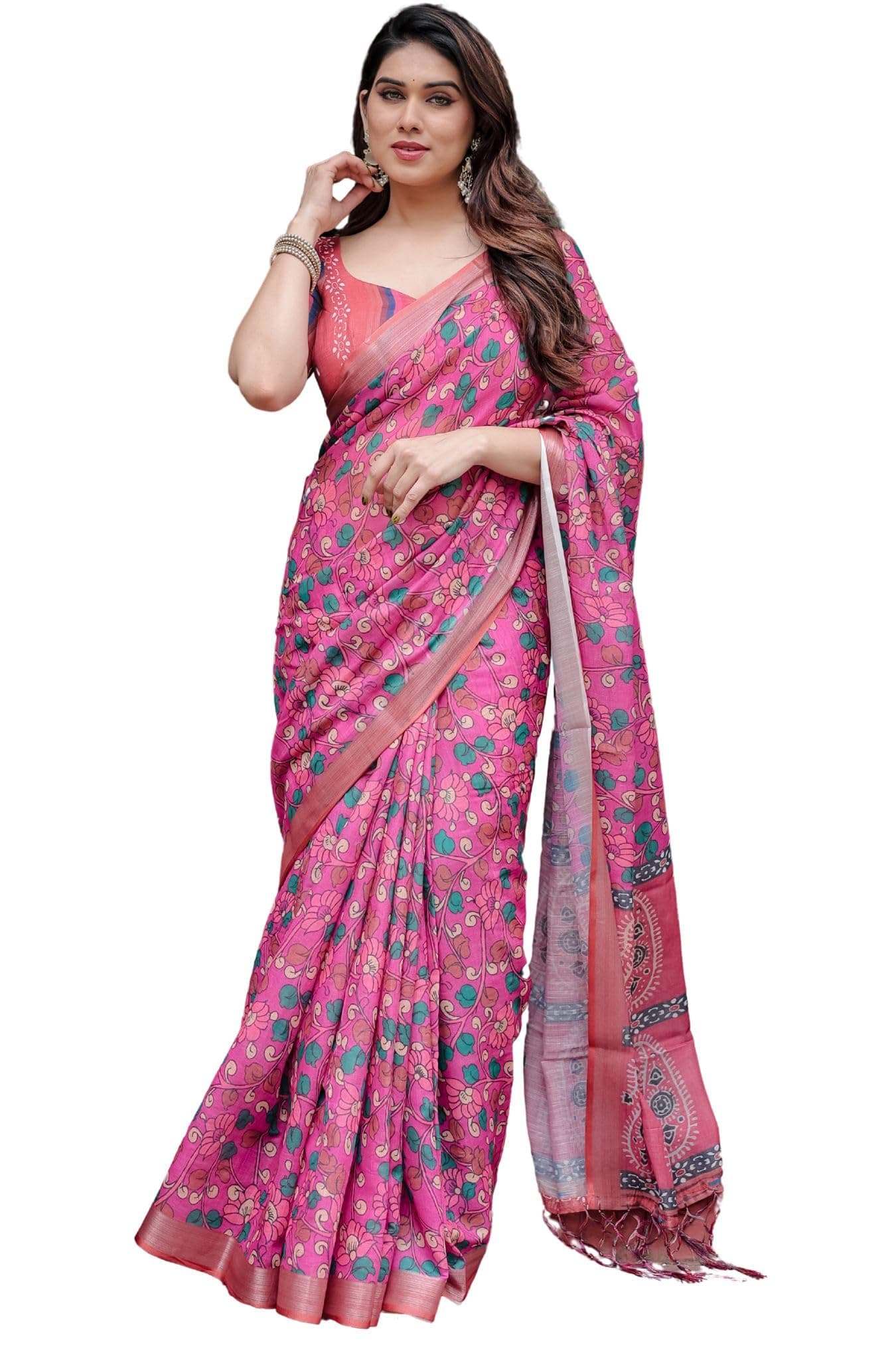 SGF11 Women's Linen Printed Saree With Unstitched Blouse Piece