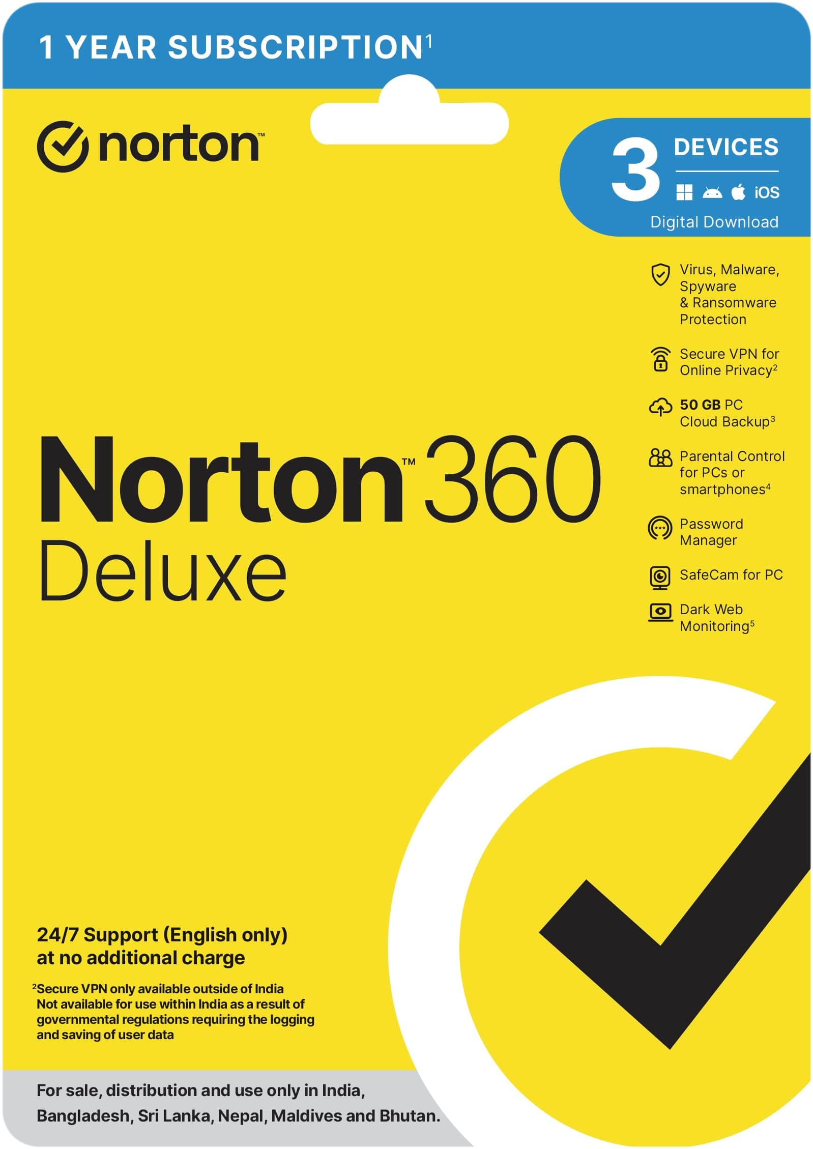 Norton 360 Deluxe |3 Users 1 Year|Total Security for PC, Mac, Android or iOS|Additionally Includes Password Manager, PC Cloud Back Up, SafeCam for PC