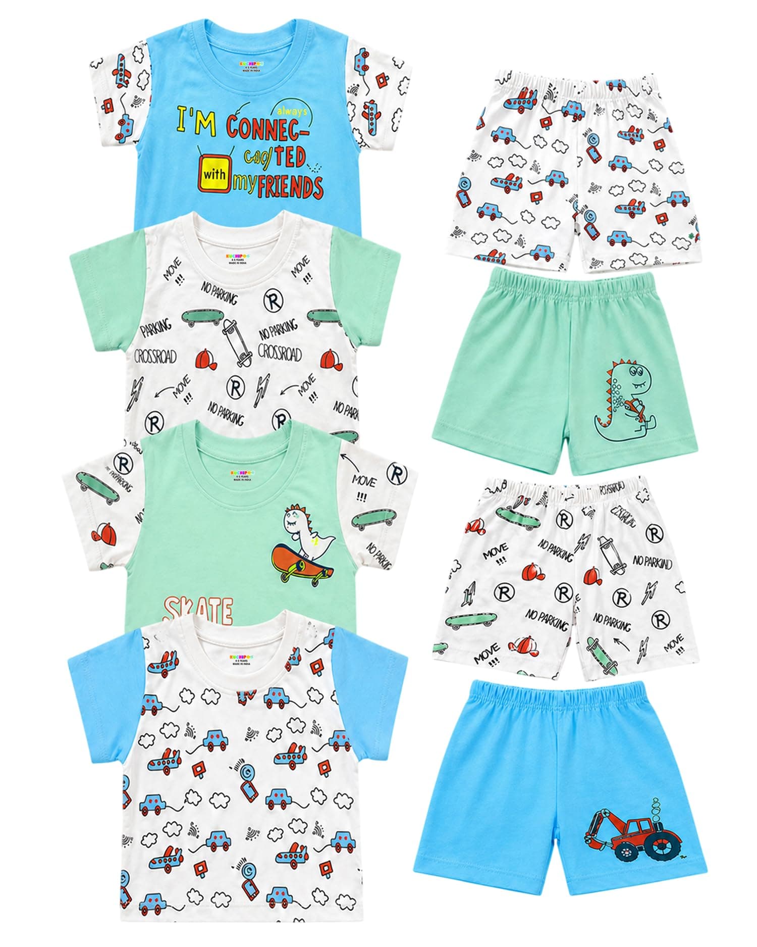 Kuchipoo Boys 100% Cotton T-Shirt & Shorts Set | Printed Summer Wear Set | Soft & Comfortable Kids Clothing | Pack of 4