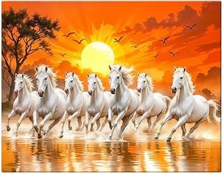 ArtX Canvas Big Size 7 Horses Vastu Frame Wall Art Painting, White Running Horses On Water Painting Vastu Rising Sun Wall Decor, Multicolor, Nature, 58.0 X 45.0 cm, Set of 1