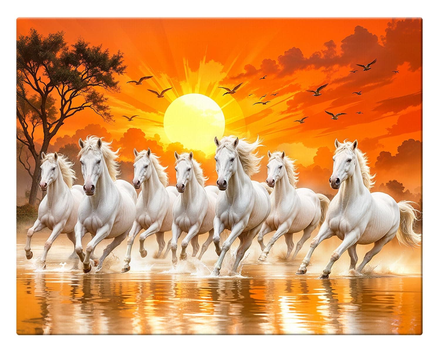 ArtX Canvas Big Size 7 Horses Vastu Frame Wall Art Painting, White Running Horses On Water Painting Vastu Rising Sun Wall Decor, Multicolor, Nature, 58.0 X 45.0 cm, Set of 1